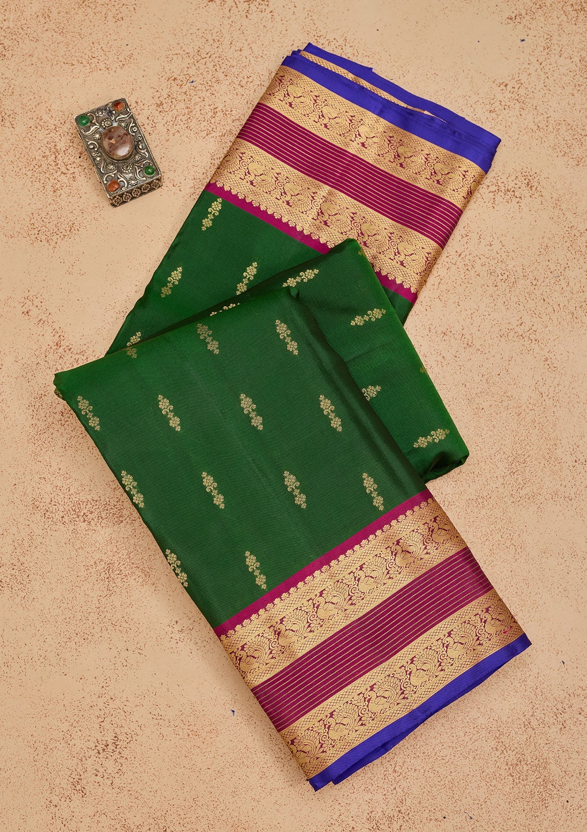 Bottle Green Zariwork Pure Silk Saree-Koskii