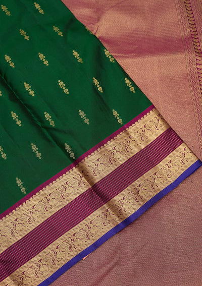 Bottle Green Zariwork Pure Silk Saree-Koskii