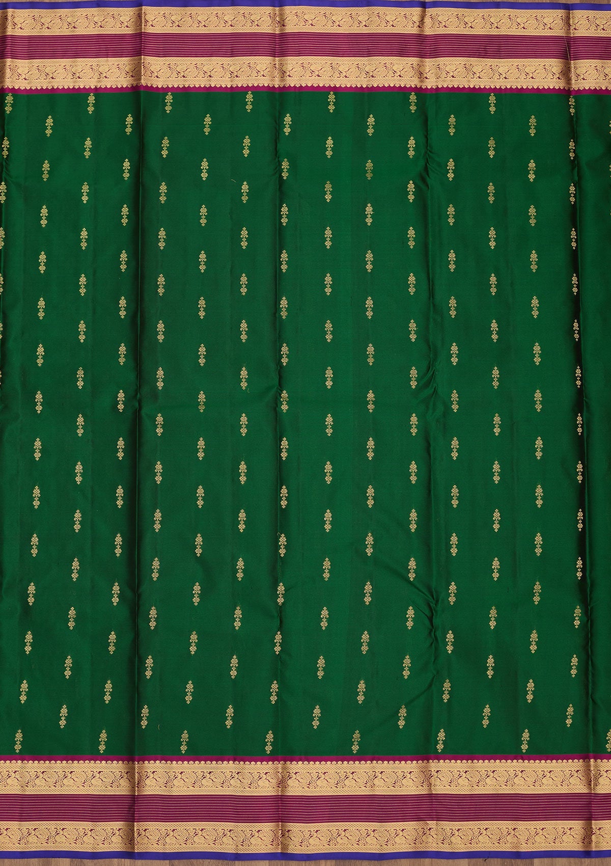 Bottle Green Zariwork Pure Silk Saree-Koskii