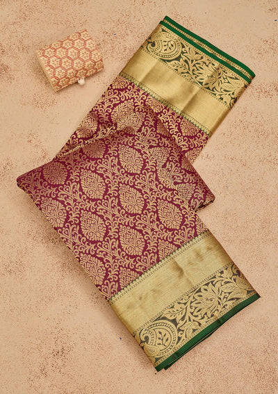 Wine Zariwork Pure Silk Saree-Koskii