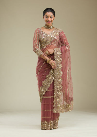 Mauve Zariwork Tissue Saree-Koskii