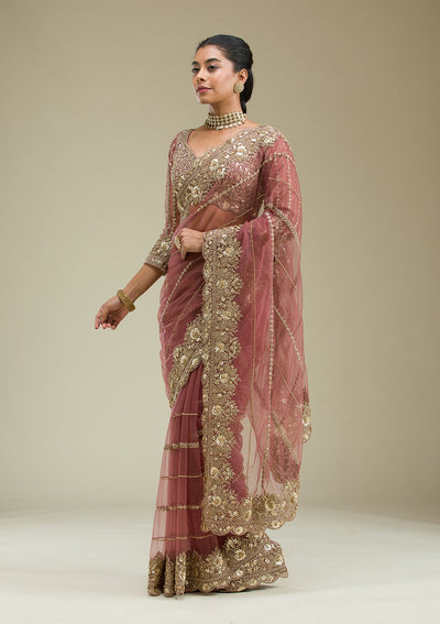 Mauve Zariwork Tissue Saree-Koskii