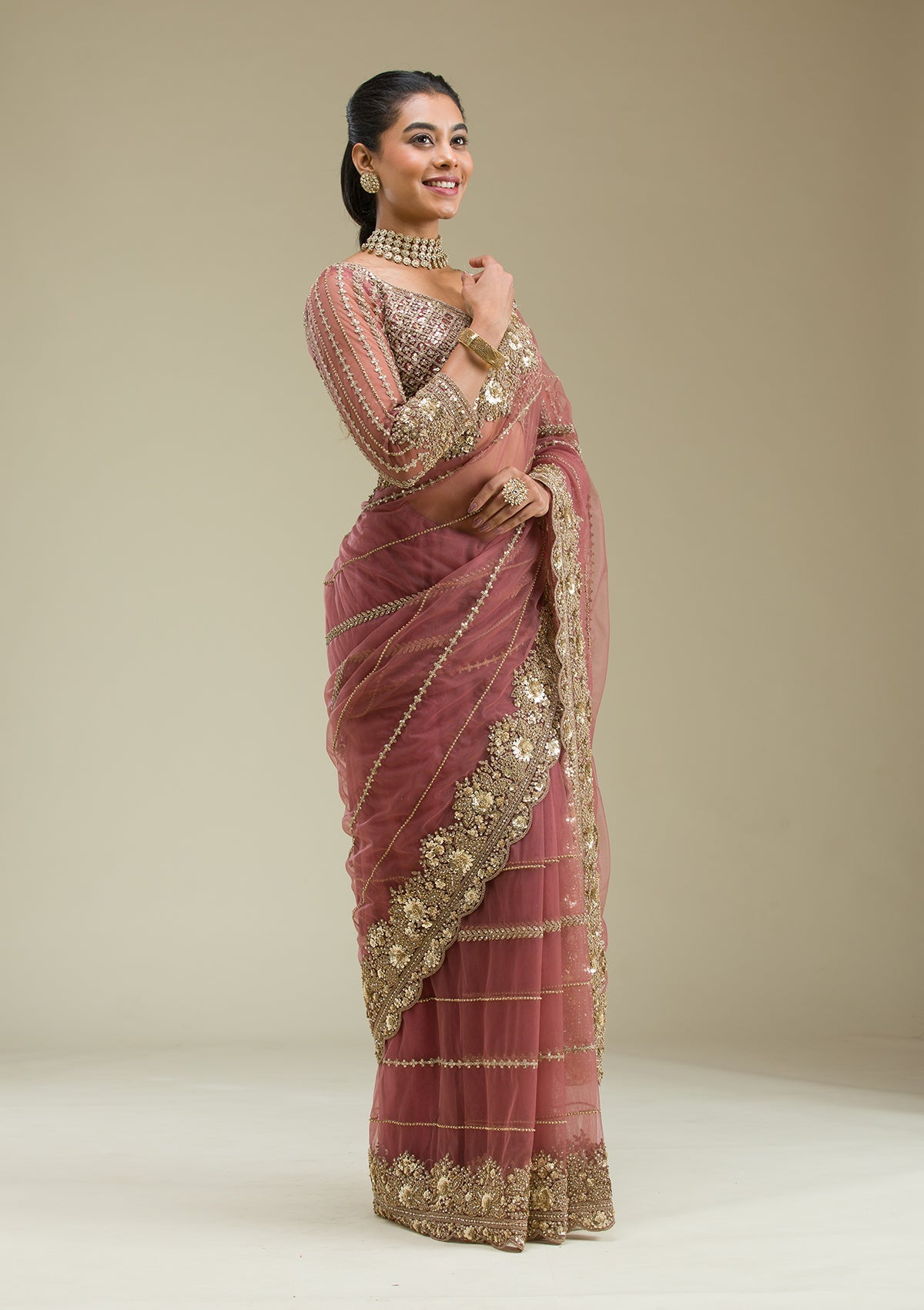 Mauve Zariwork Tissue Saree-Koskii