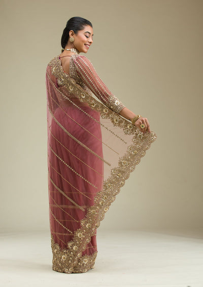 Mauve Zariwork Tissue Saree-Koskii