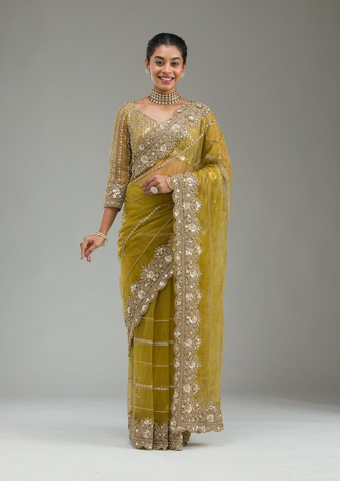 Mehendi Zariwork Tissue Saree-Koskii