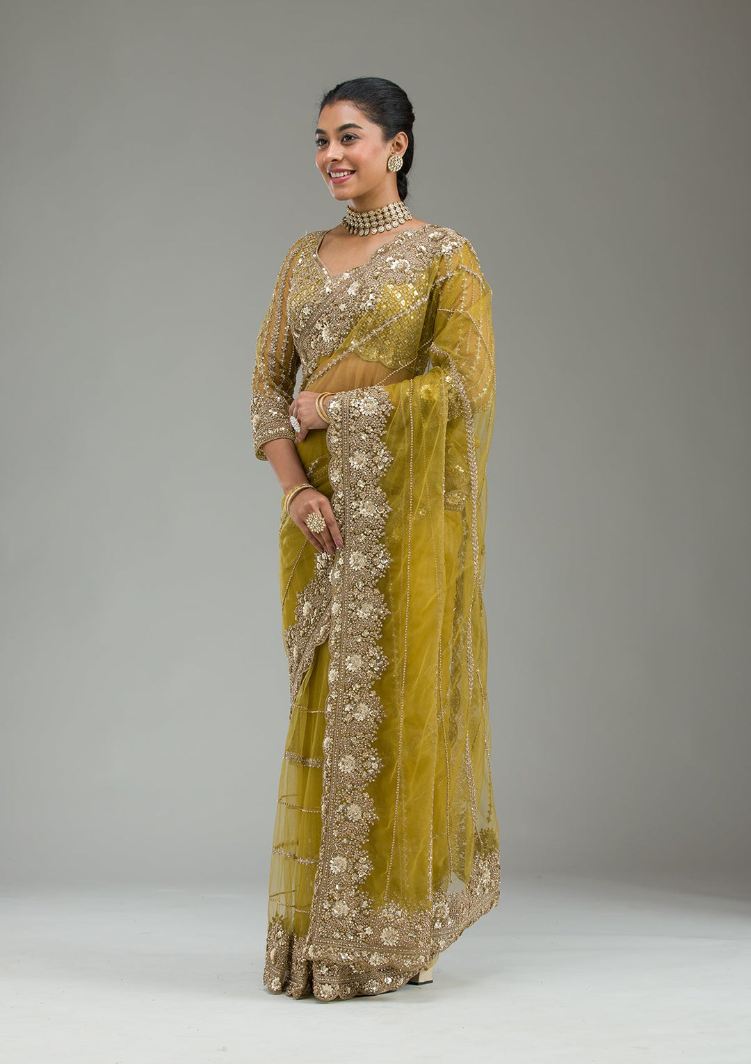 Mehendi Zariwork Tissue Saree-Koskii