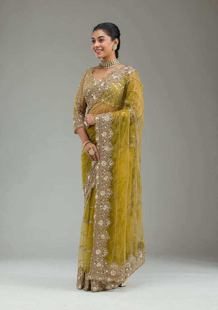 Mehendi Zariwork Tissue Saree-Koskii