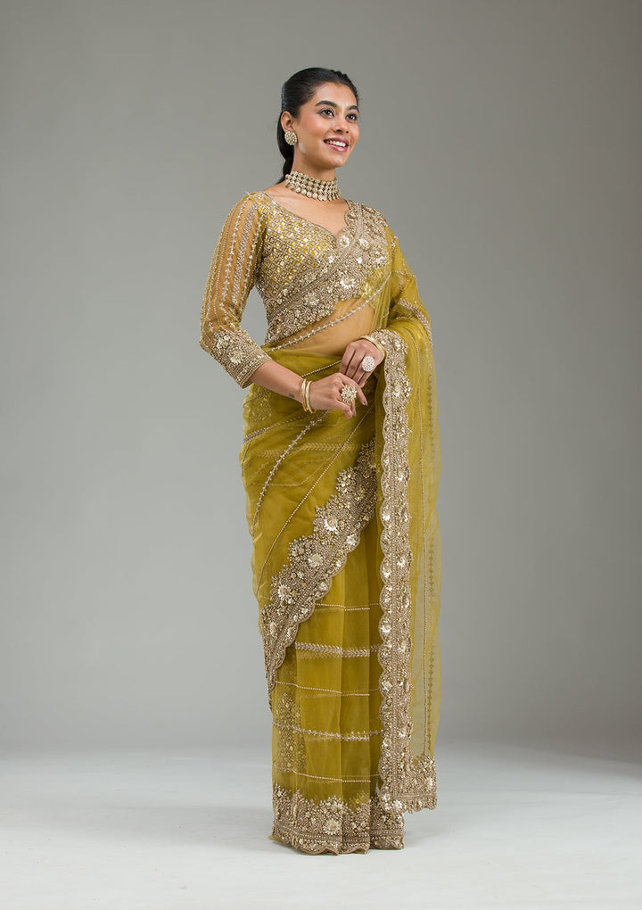 Mehendi Zariwork Tissue Saree-Koskii