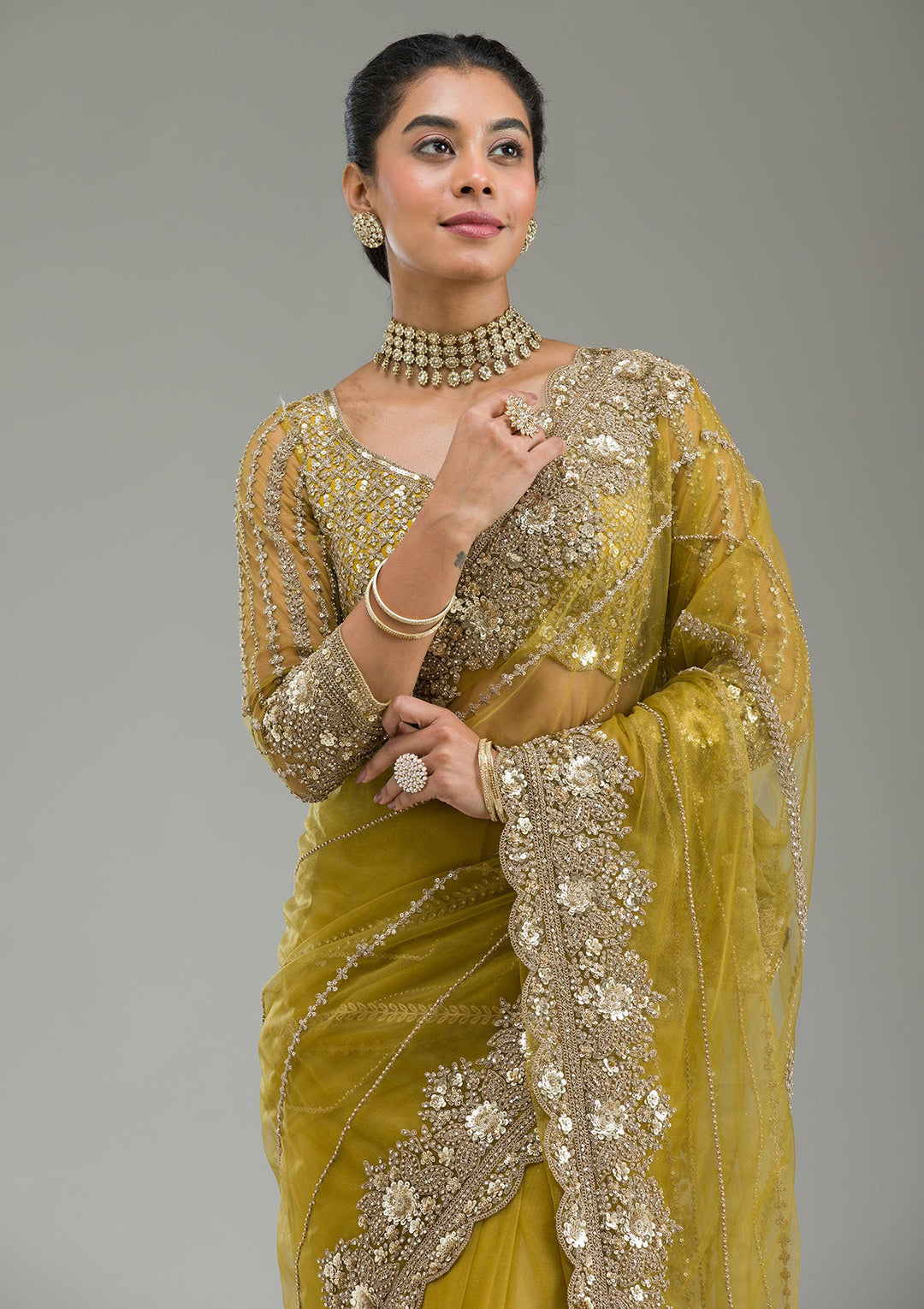 Mehendi Zariwork Tissue Saree-Koskii