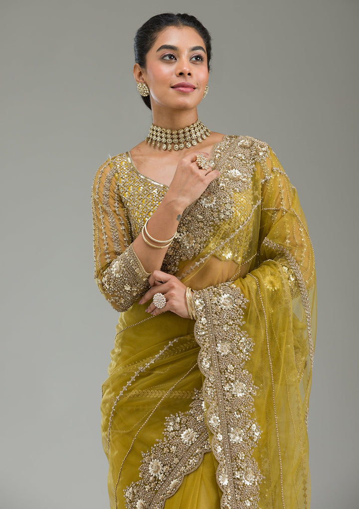 Mehendi Zariwork Tissue Saree-Koskii