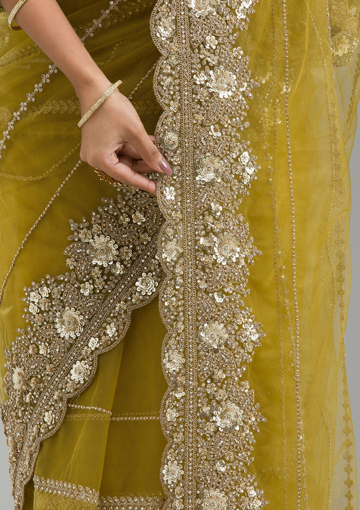 Mehendi Zariwork Tissue Saree-Koskii