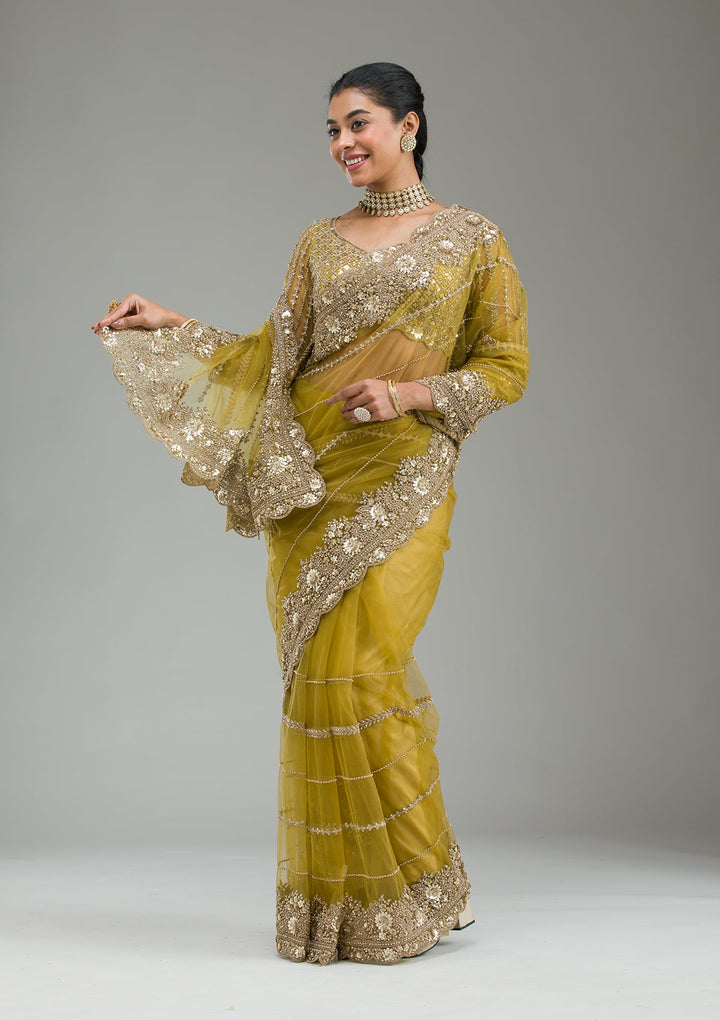 Mehendi Zariwork Tissue Saree-Koskii