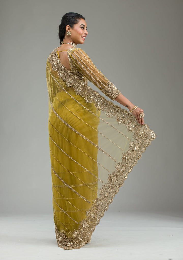 Mehendi Zariwork Tissue Saree-Koskii