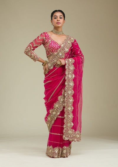 Rani Pink Zariwork Tissue Saree-Koskii