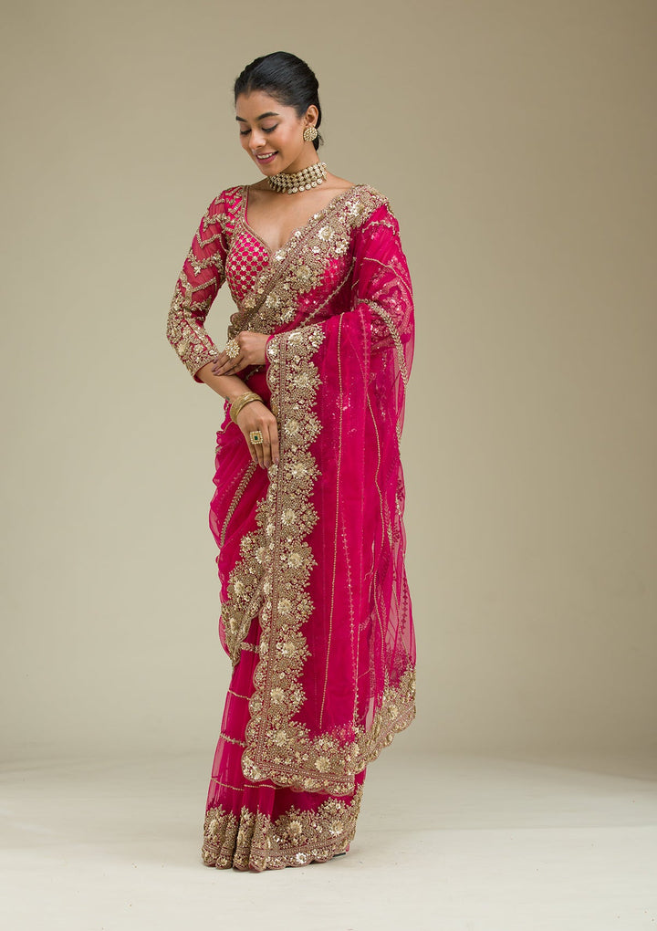 Rani Pink Zariwork Tissue Saree-Koskii