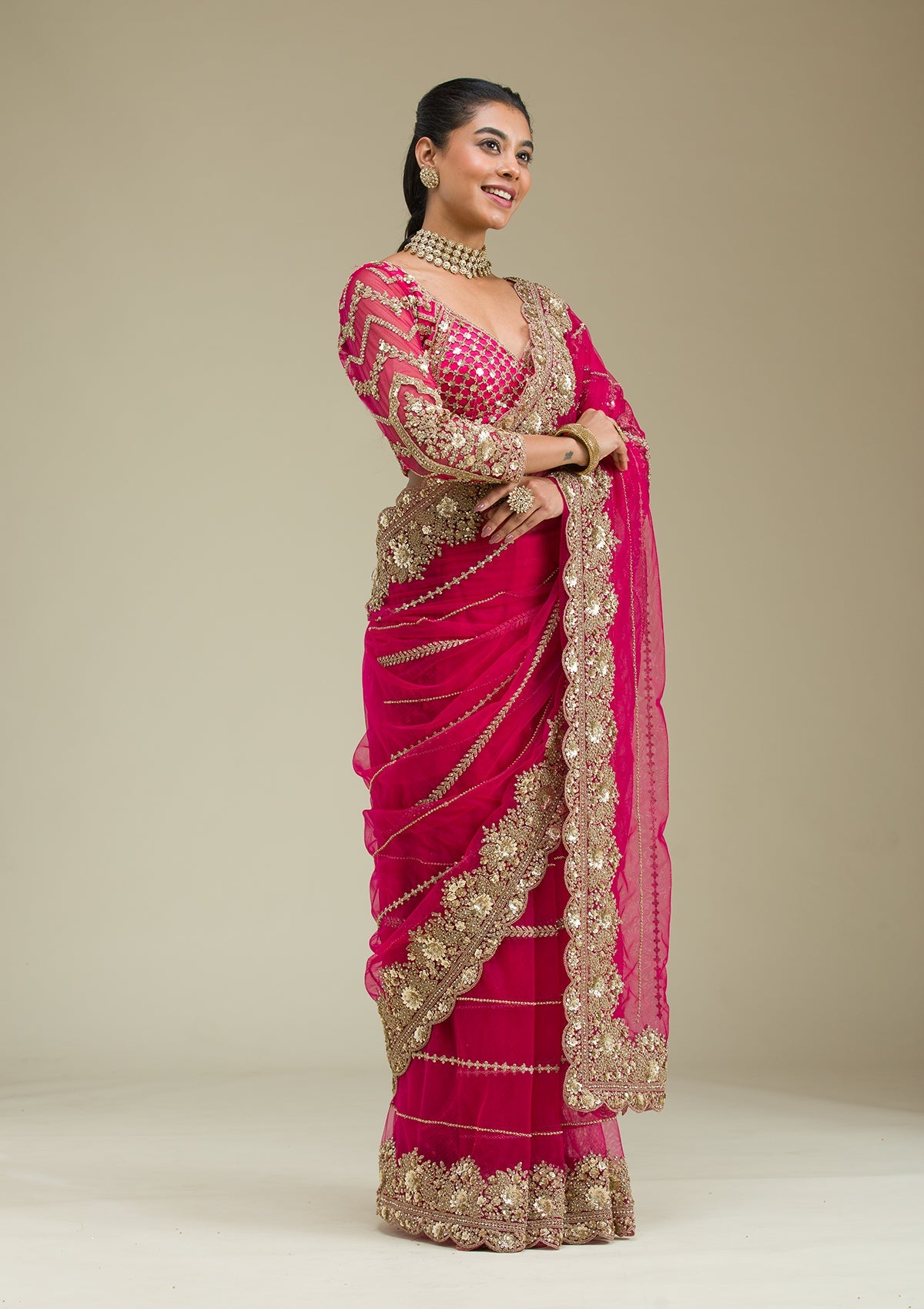 Rani Pink Zariwork Tissue Saree-Koskii