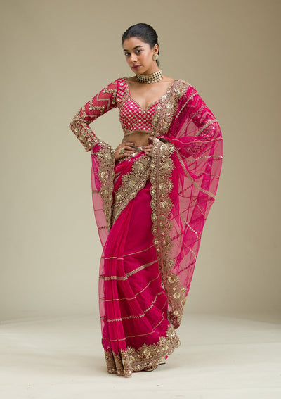 Rani Pink Zariwork Tissue Saree-Koskii