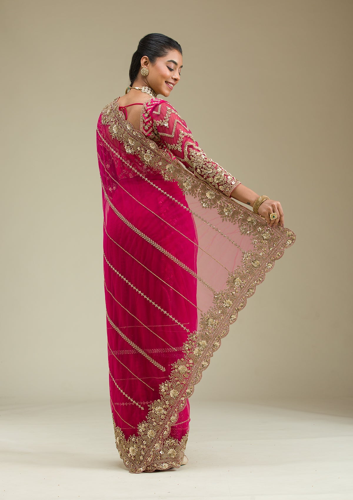 Rani Pink Zariwork Tissue Saree-Koskii