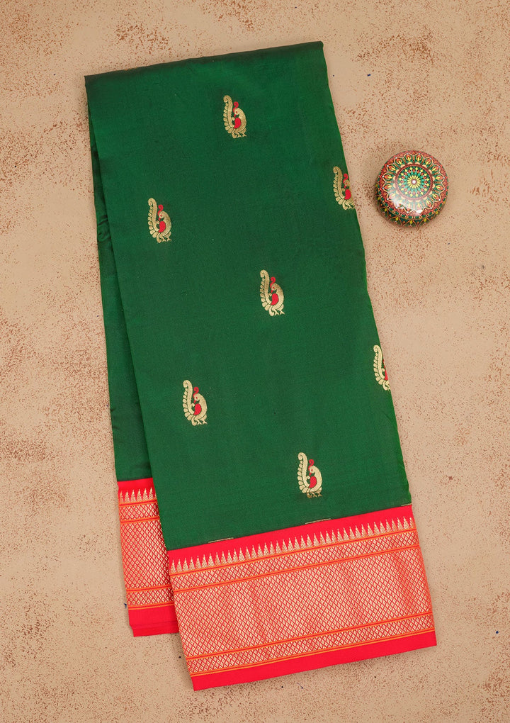 Bottle Green Zariwork Pure Silk Saree-Koskii