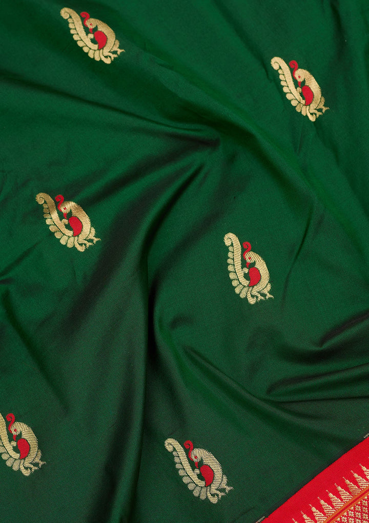 Bottle Green Zariwork Pure Silk Saree-Koskii