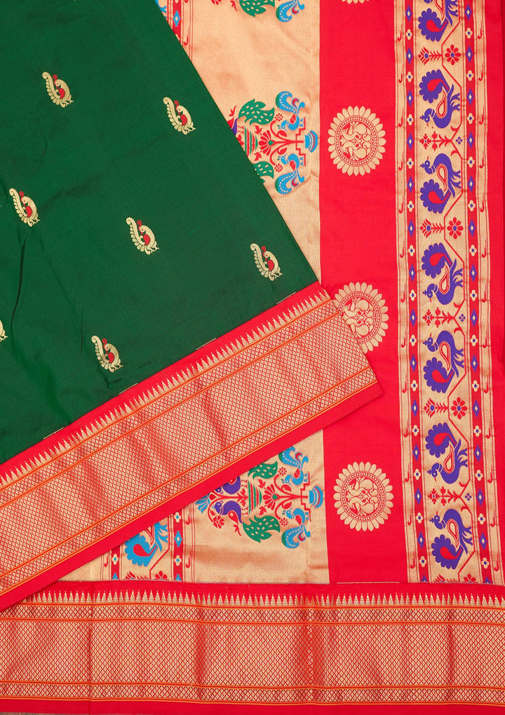 Bottle Green Zariwork Pure Silk Saree-Koskii