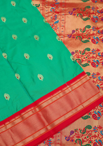 Peacock Green Zariwork Pure Silk Saree-Koskii