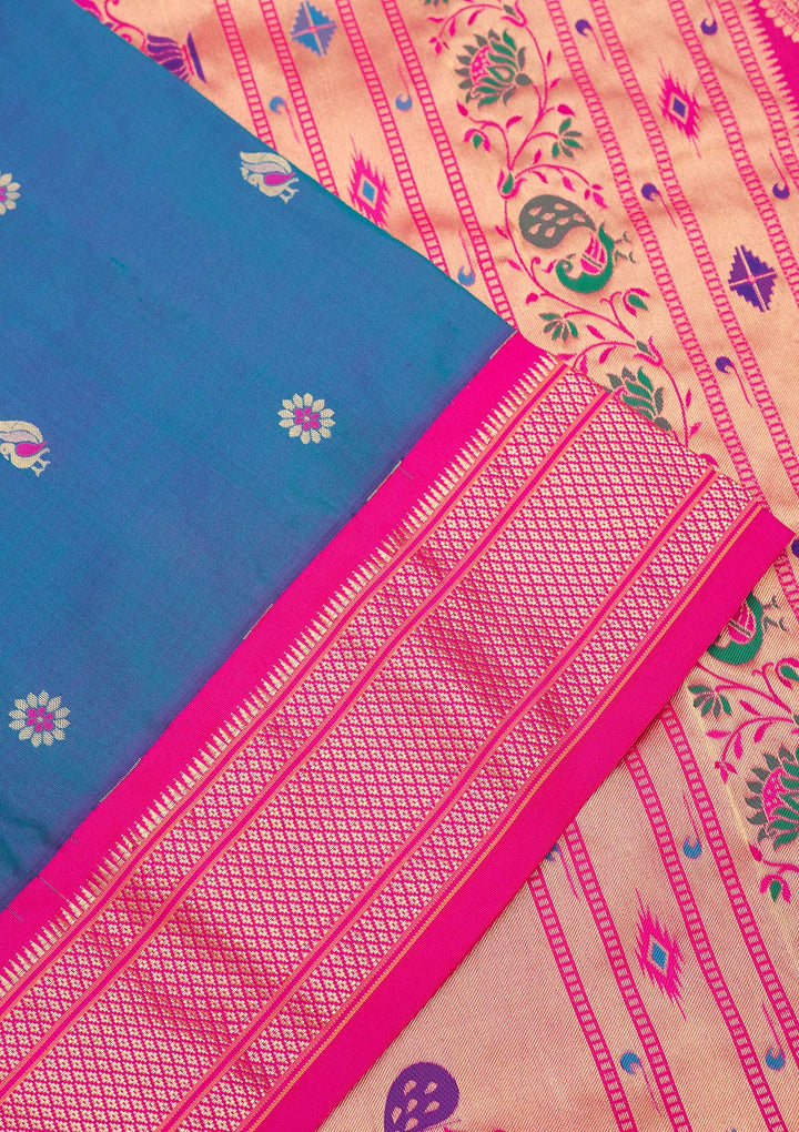 Peacock Blue Zariwork Pure Silk Saree-Koskii