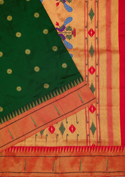 Bottle Green Zariwork Pure Silk Saree-Koskii