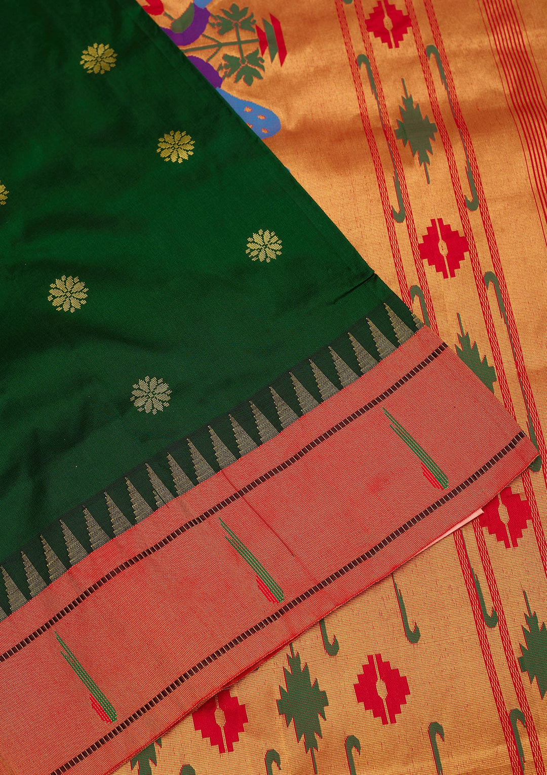 Bottle Green Zariwork Pure Silk Saree-Koskii