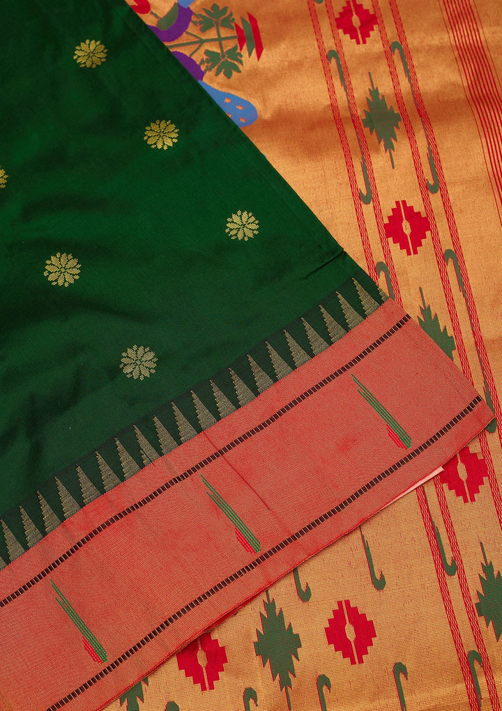 Bottle Green Zariwork Pure Silk Saree-Koskii