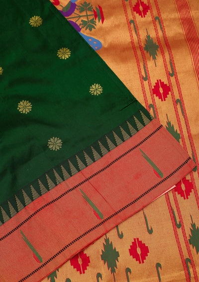 Bottle Green Zariwork Pure Silk Saree-Koskii
