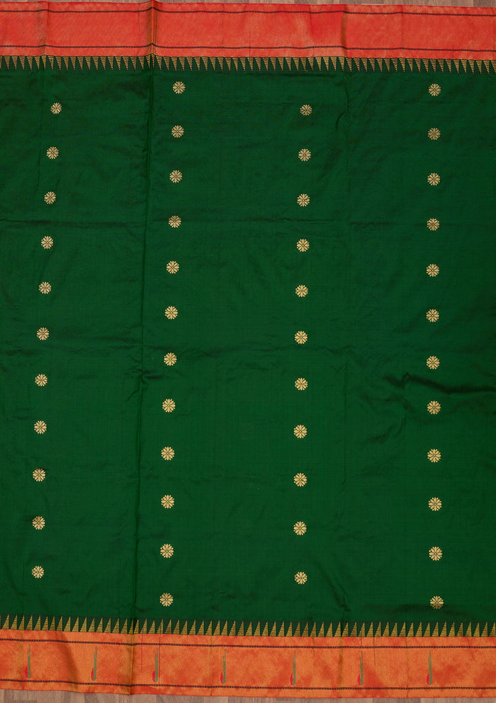 Bottle Green Zariwork Pure Silk Saree-Koskii