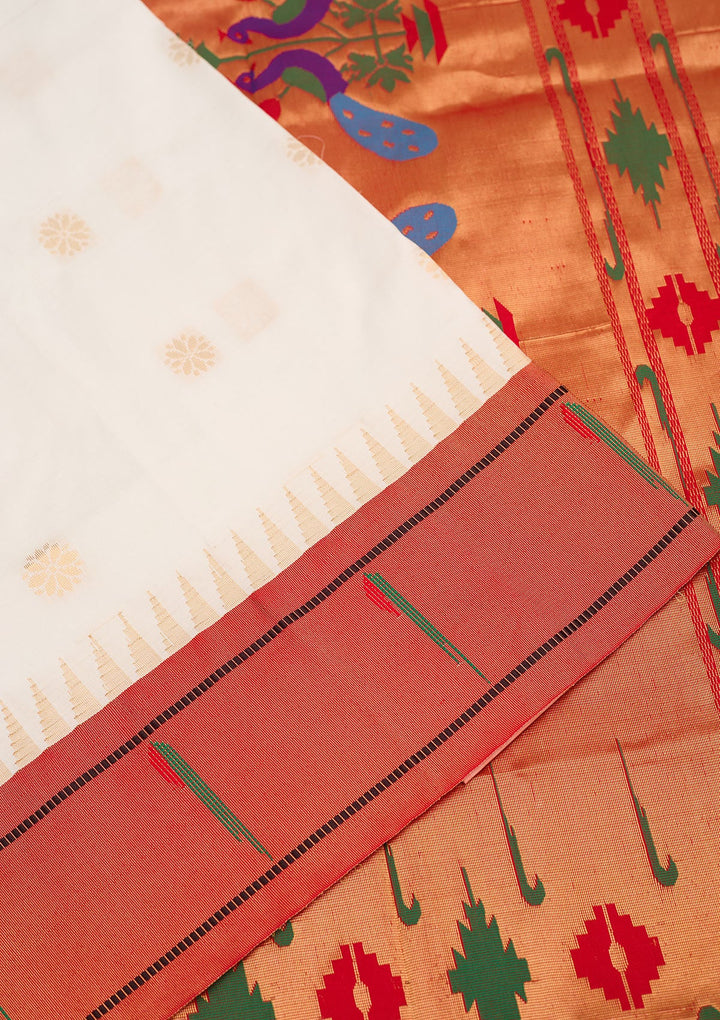 Off White Zariwork Pure Silk Saree-Koskii