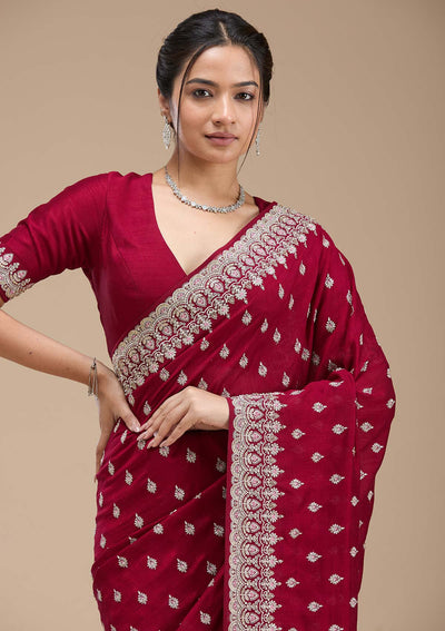 Maroon Threadwork Soft Raw Silk Saree-koskii