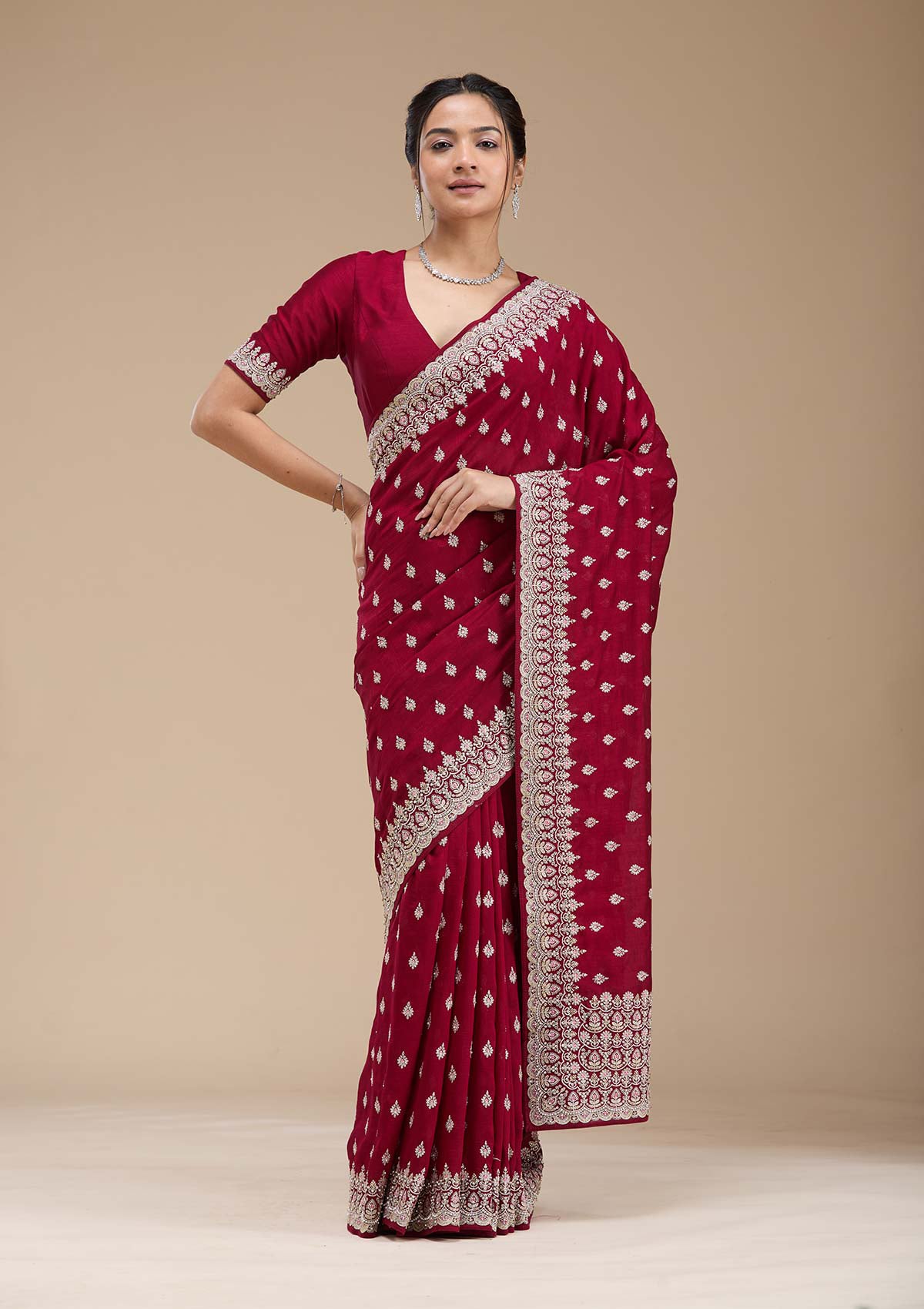 Maroon Threadwork Soft Raw Silk Saree-koskii