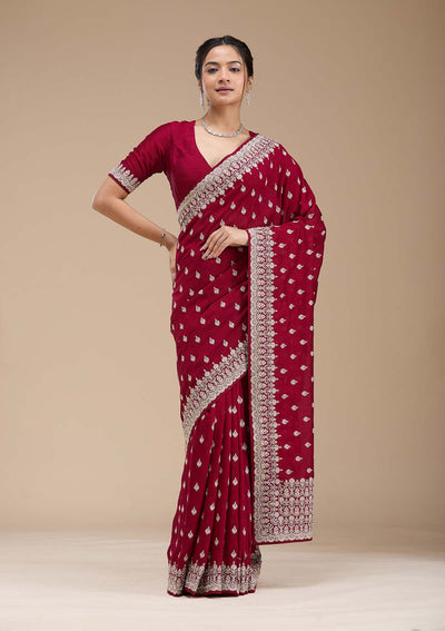 Maroon Threadwork Soft Raw Silk Saree-koskii
