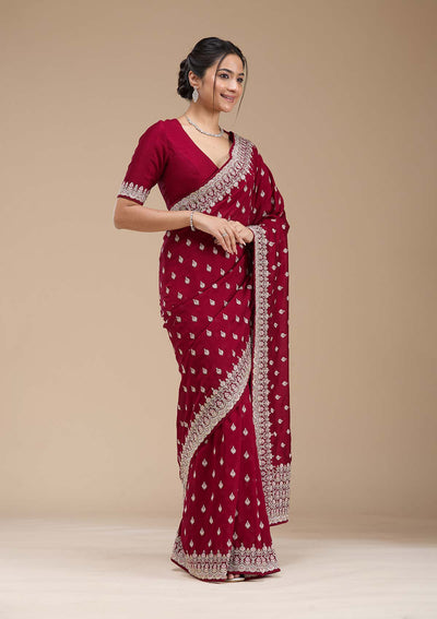 Maroon Threadwork Soft Raw Silk Saree-koskii