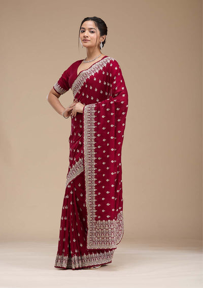 Maroon Threadwork Soft Raw Silk Saree-koskii