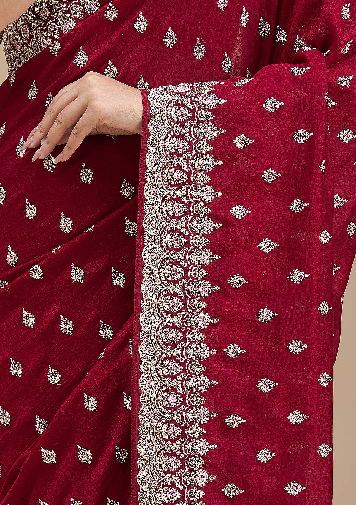 Maroon Threadwork Soft Raw Silk Saree-koskii
