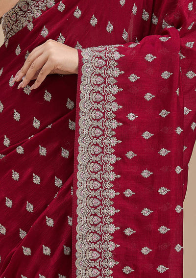 Maroon Threadwork Soft Raw Silk Saree-koskii
