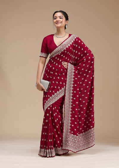 Maroon Threadwork Soft Raw Silk Saree-koskii
