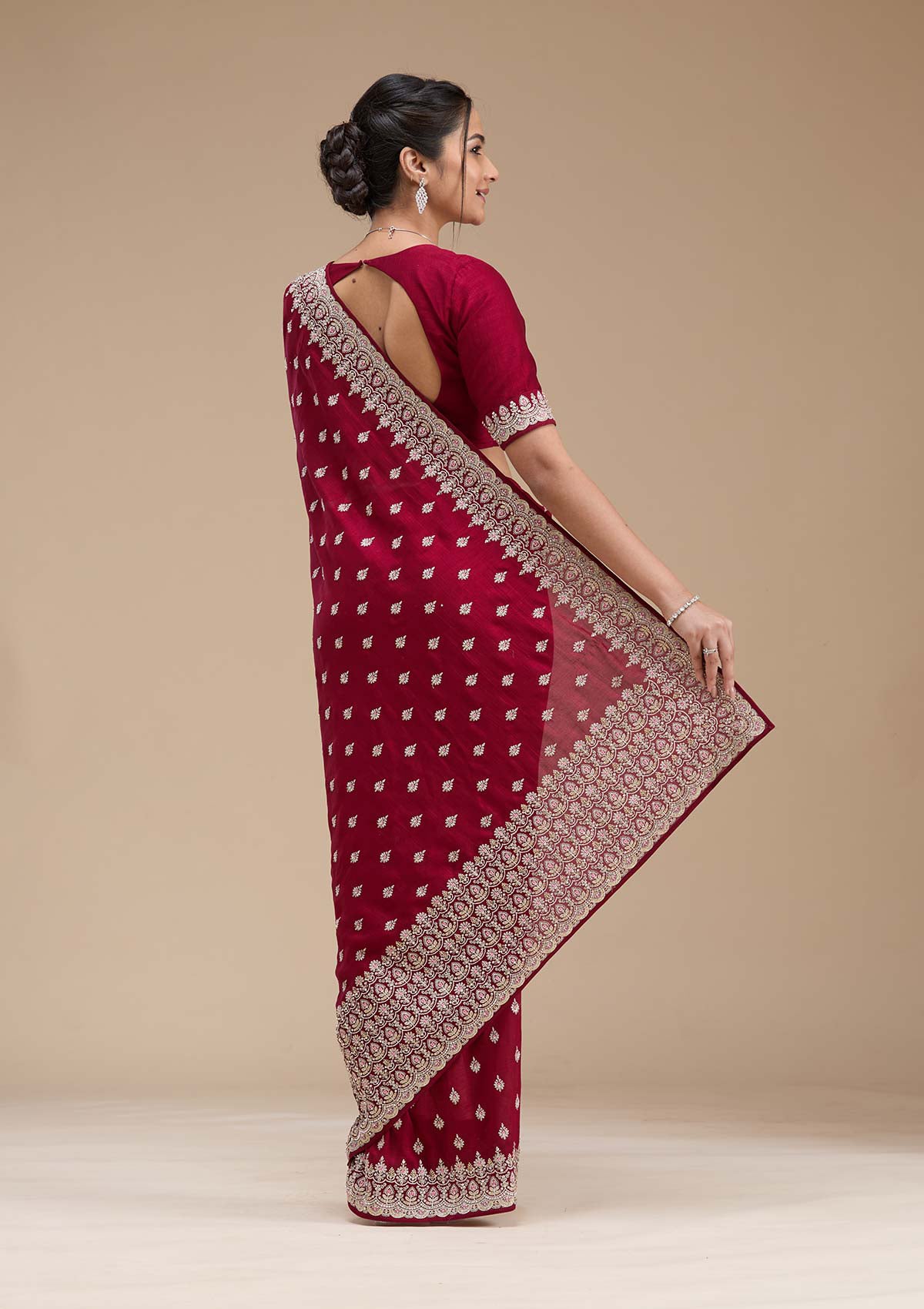Maroon Threadwork Soft Raw Silk Saree-koskii