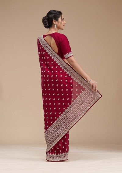 Maroon Threadwork Soft Raw Silk Saree-koskii