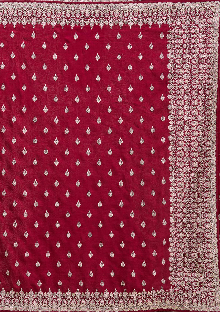Maroon Threadwork Soft Raw Silk Saree-koskii