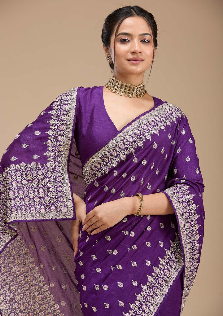 Purple Threadwork Soft Raw Silk Saree-koskii