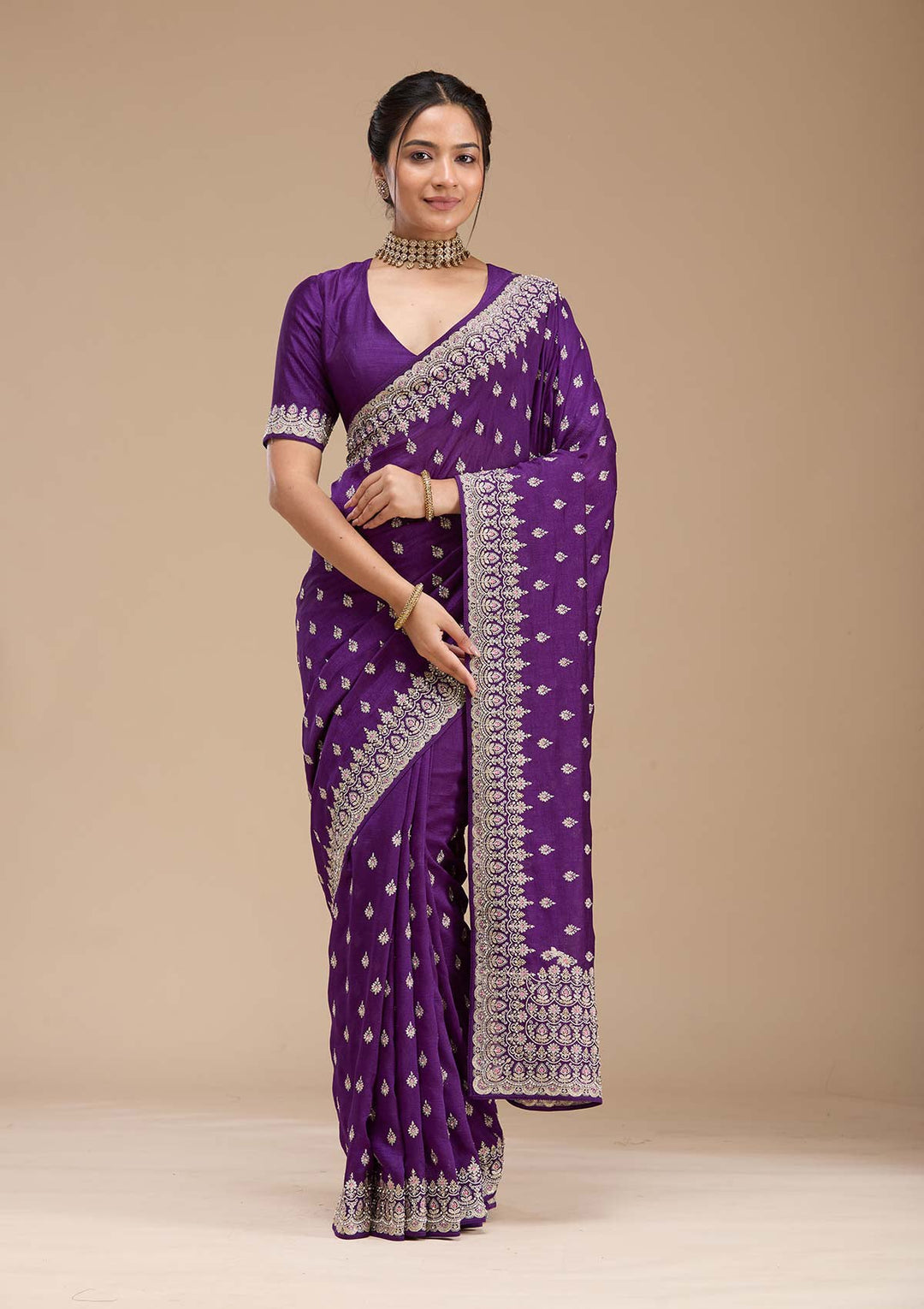 Purple Threadwork Soft Raw Silk Saree-koskii
