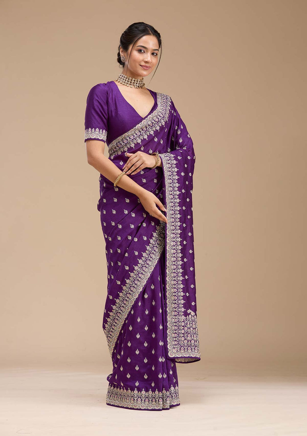 Purple Threadwork Soft Raw Silk Saree-koskii