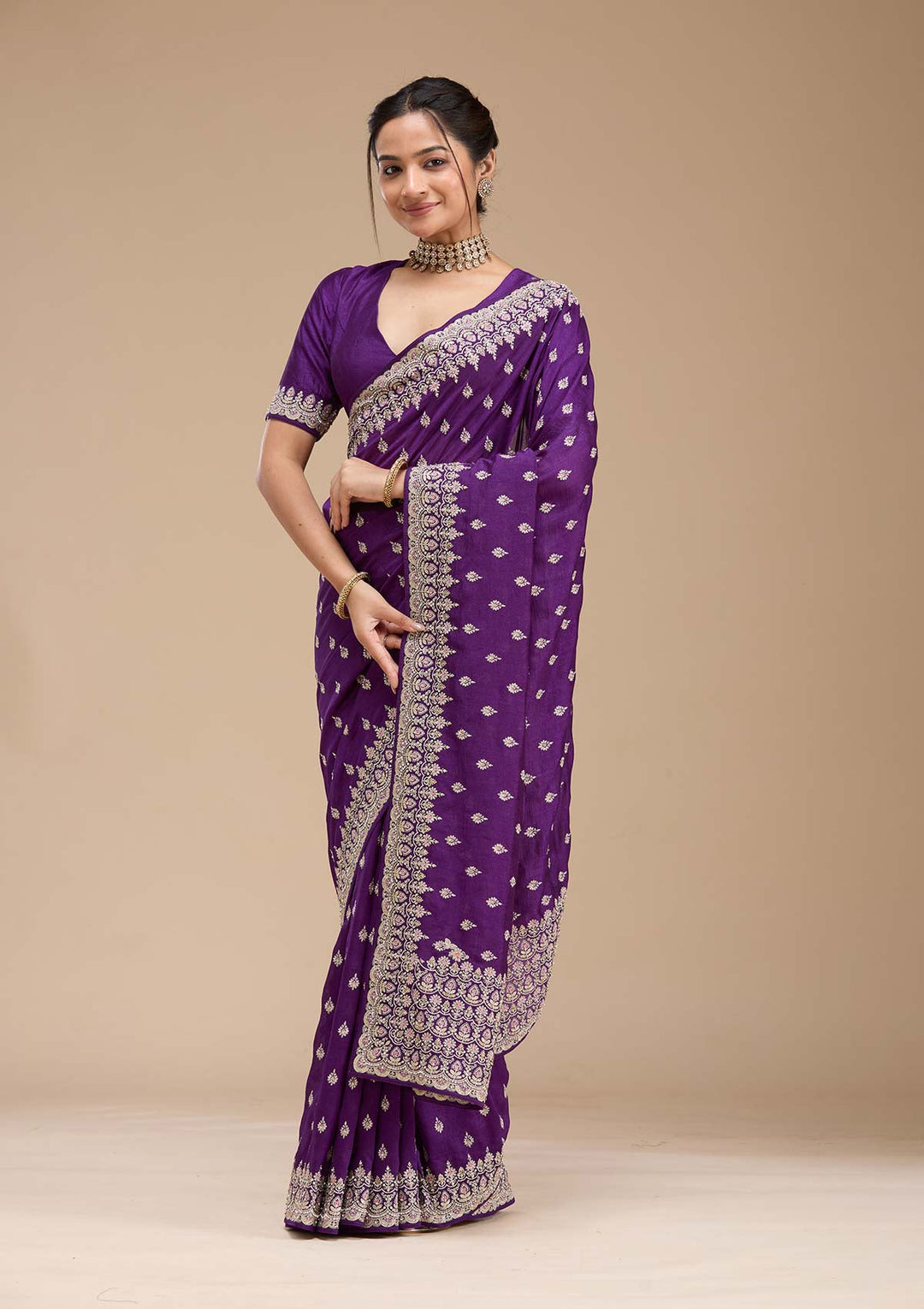 Purple Threadwork Soft Raw Silk Saree-koskii