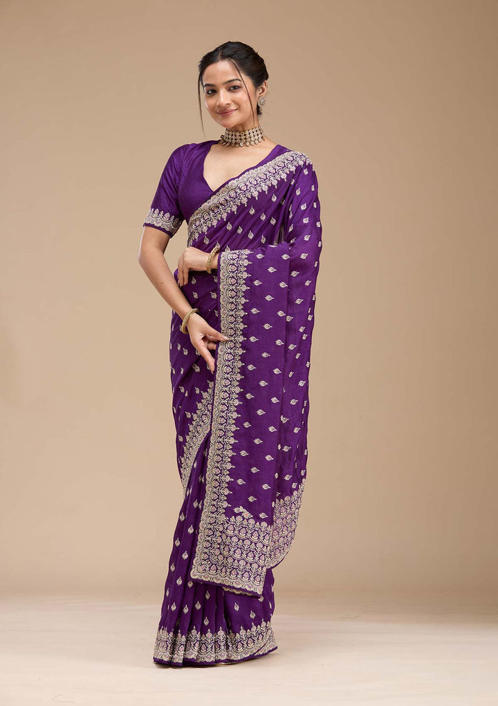 Purple Threadwork Soft Raw Silk Saree-koskii