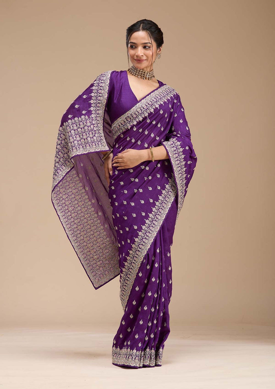Purple Threadwork Soft Raw Silk Saree-koskii